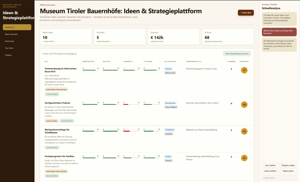 Ideenhof - Strategieplattform für Museum Tiroler Bauernhöfe — KI-Prototyp mit Lovable aus AI Collective Innsbruck Buildathon