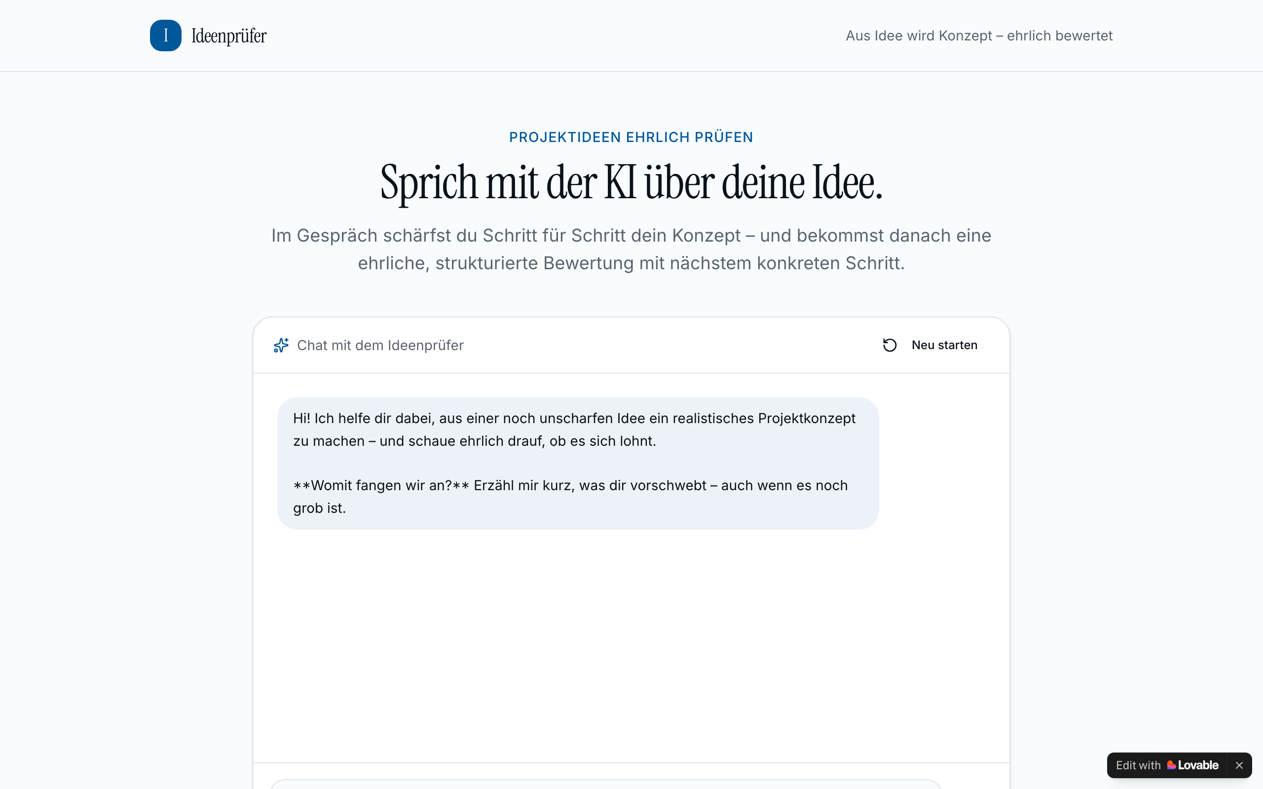 Idea wizard — KI-Prototyp mit Lovable aus AI Collective Innsbruck Buildathon