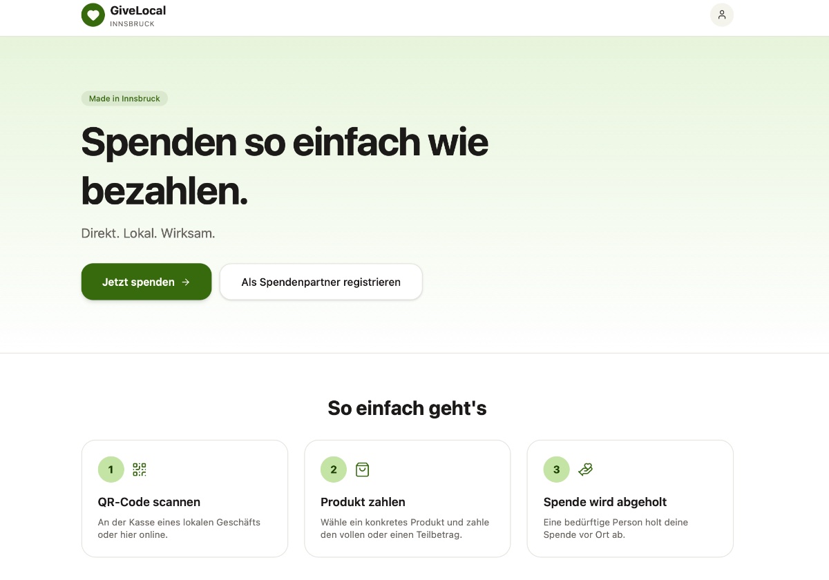 GiveLocal Innsbruck — KI-Prototyp mit Lovable aus AI Collective Innsbruck Buildathon